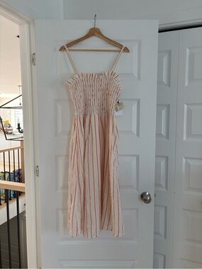 Smocked Midi Dress with Red Stripe Detail